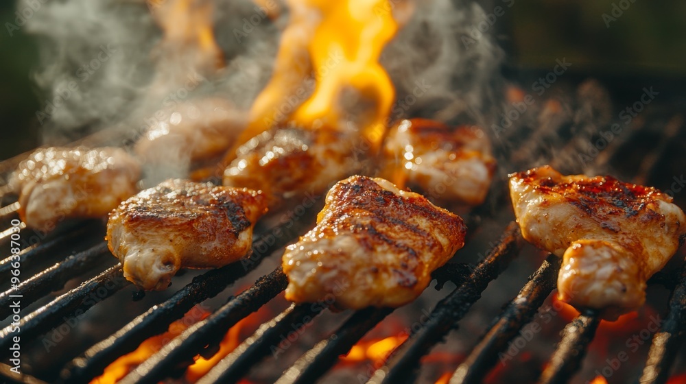 Close-up of juicy, golden-brown grilled chicken pieces on a BBQ grill, with flames and smoke in the background, capturing the essence of outdoor grilling.