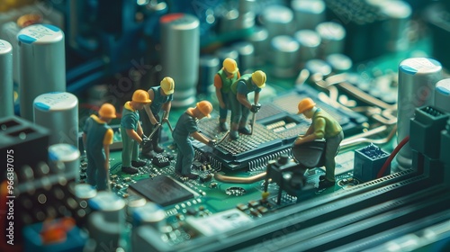 Miniature workers repairing circuit board technology, electronics maintenance, microengineering photo