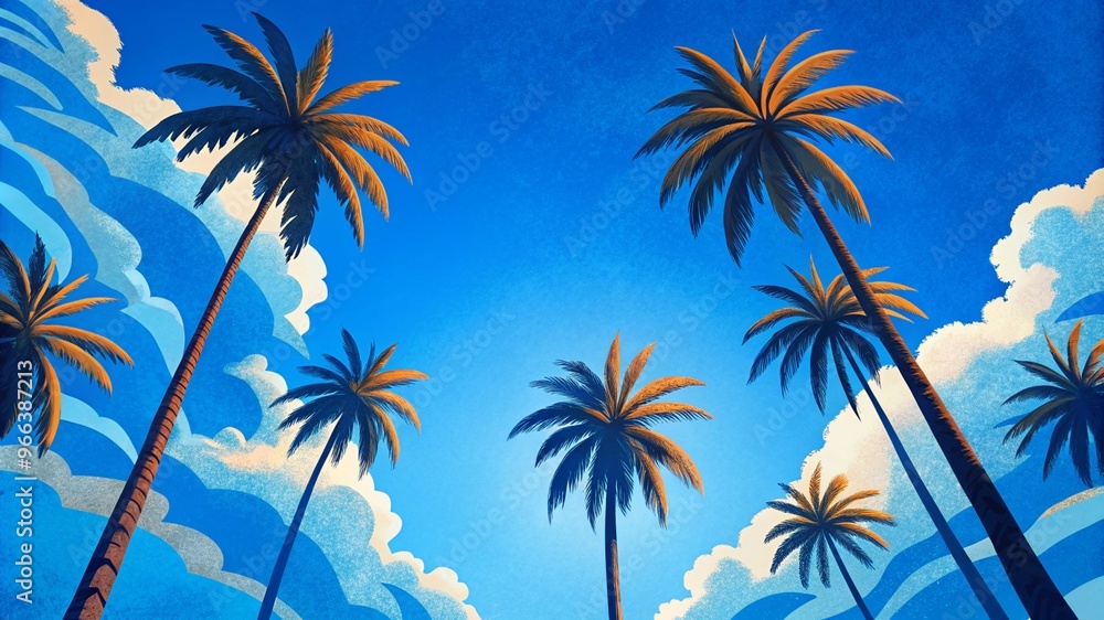 Low angle view from below of coconut palm tree against cloud and blue sky Low angle view from below of coconut palm tree against cloud and blue sky
