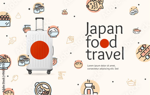 Realistic Detailed 3d Japan Food Travel and Tourism Ads Banner Concept Poster Card. Vector illustration of Suitcase with Japanese Flag and Oriental Meal