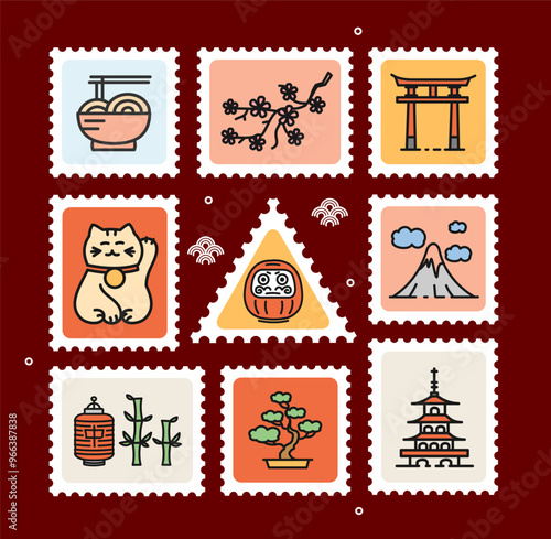 Japan Post Stamp Set with Japanese Symbol Thin Line Icons Travel and Tourism Concept. Vector illustration