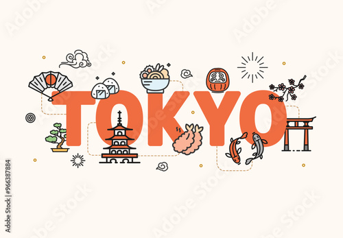 Tokyo Concept Japan Travel and Tourism Thin Line Icons Include of , Japanese Landmark, Culture Element and Food. Vector illustration