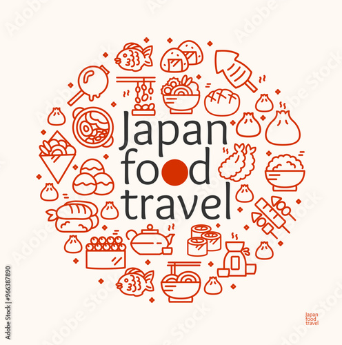 Japan Food Travel Sign Round Design Template Thin Line Icon Banner. Vector illustration of Japanese Restaurant