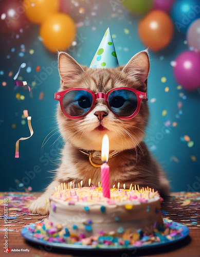 Cute Cat with Birthday Cake and Sunglasses