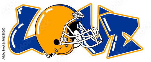 Love - blue and yellow football player helmet, sport vector graphics, hockey, for street art - graffiti lettering typography - art illustration - multicolor - writen Word -	