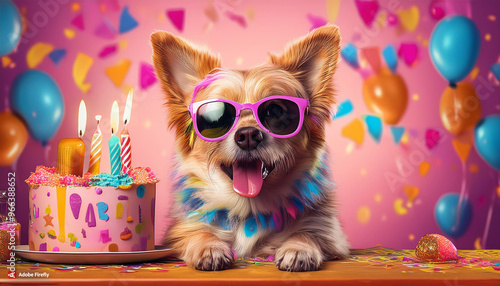 Dog Celebrating with Sunglasses and Cake