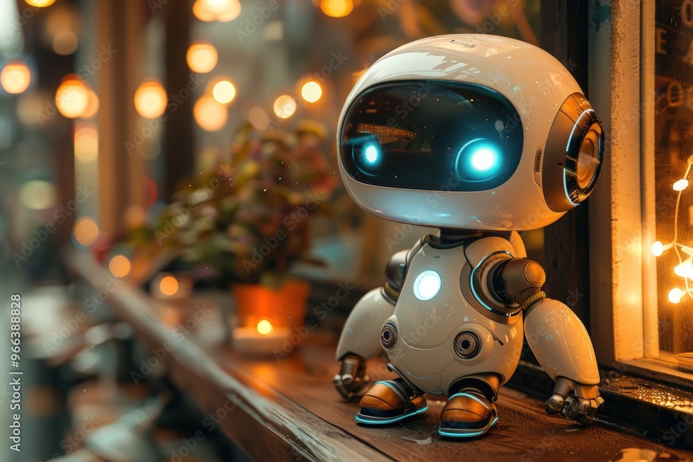 Fototapeta premium A small, white robot with glowing blue eyes stands on a window ledge in a cafe at night.