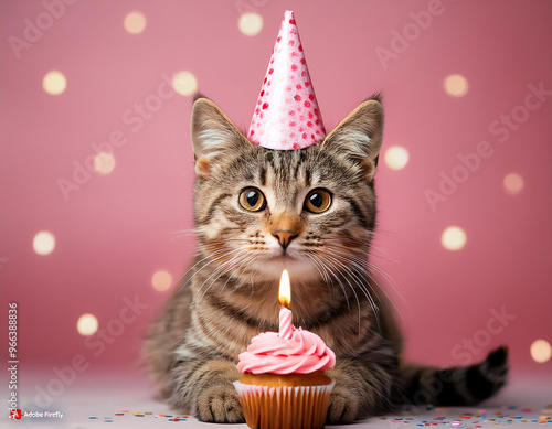 Adorable Cat with Party Hat and Cupcake