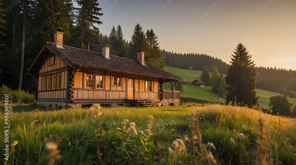 Obraz premium A wooden hut in the middle of the meadow, sunset atmosphere, golden time, a forest house