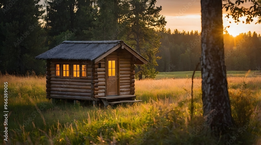 A wooden hut in the middle of the meadow, sunset atmosphere, golden time, a forest house A wooden hut in the middle of the meadow, sunset atmosphere, golden time, a forest house