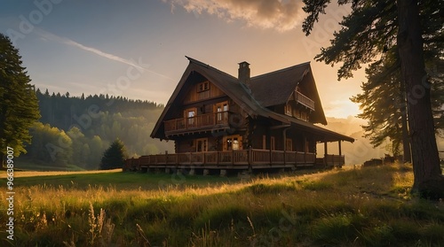 A wooden hut in the middle of the meadow, sunset atmosphere, golden time, a forest house