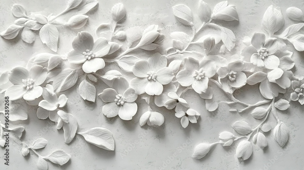 White floral relief artwork featuring delicate blossoms and leaves, showcasing intricate craftsmanship and design details White floral relief artwork featuring delicate blossoms and leaves, showcasing intricate craftsmanship and design details