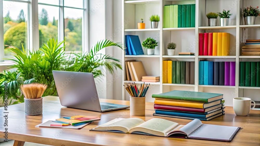 Fototapeta premium A tidy workspace with colorful design books, a laptop, and a notebook outlines the structured steps for a successful interior design process.