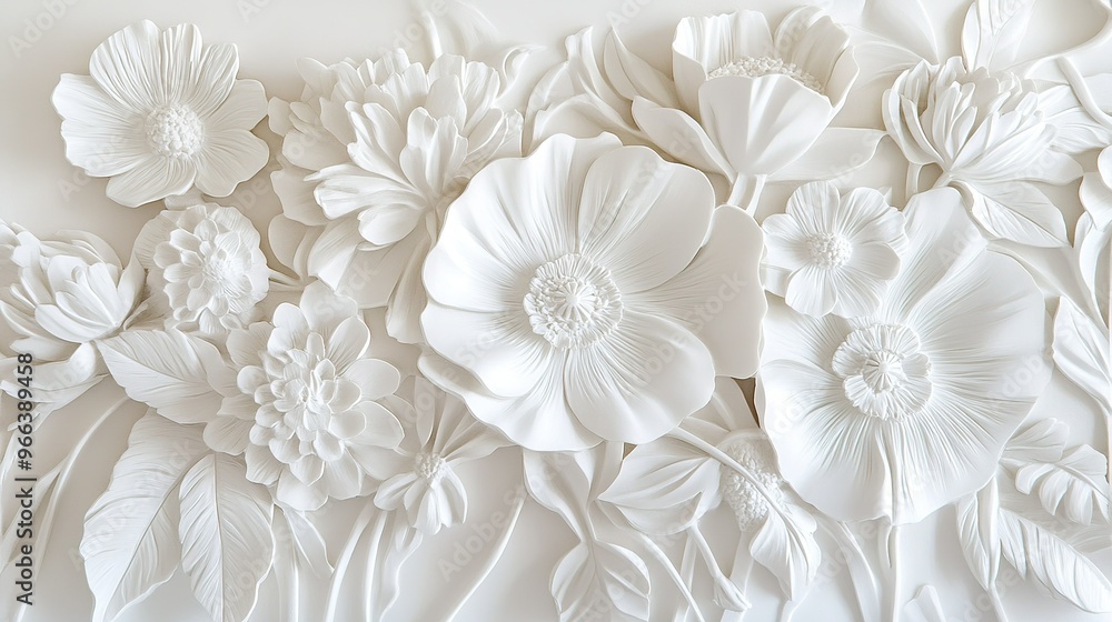 Elegant white floral relief art showcasing intricate flower designs on a smooth surface in a serene indoor setting Elegant white floral relief art showcasing intricate flower designs on a smooth surface in a serene indoor setting