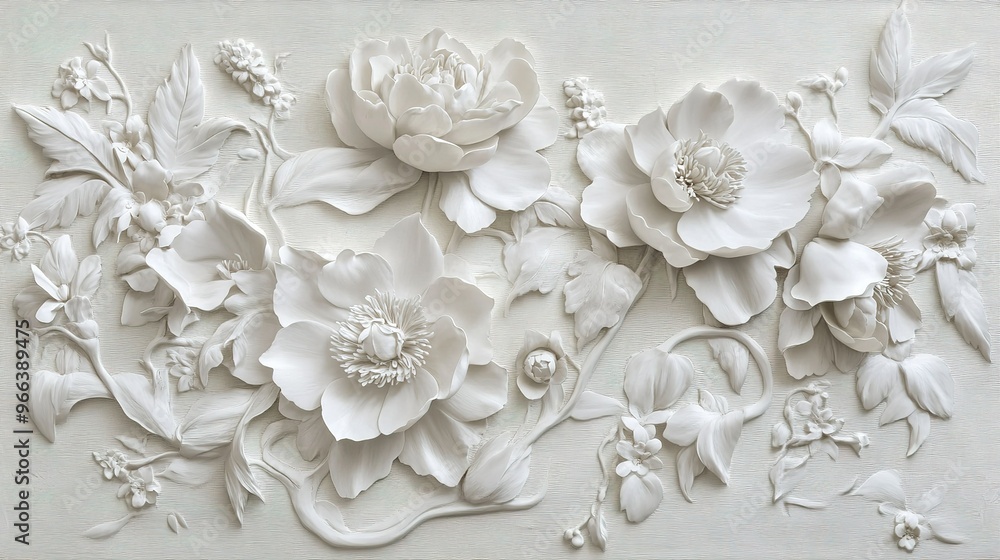 Delicate white floral relief artwork with intricate details of peonies and other blossoms on a soft background Delicate white floral relief artwork with intricate details of peonies and other blossoms on a soft background