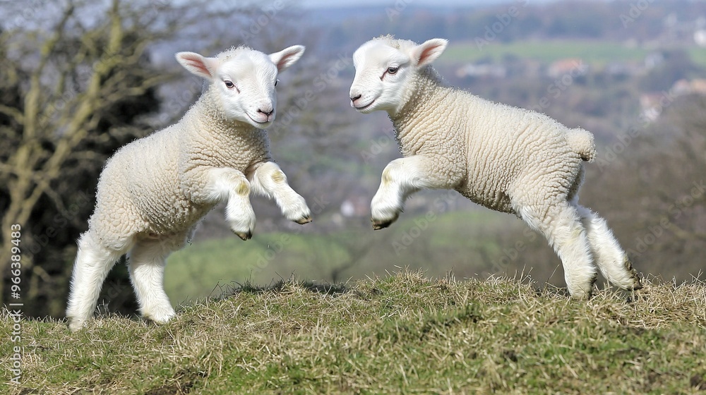 A pair of white sheep graze on a green hill overlooking a dense forest of tall trees A pair of white sheep graze on a green hill overlooking a dense forest of tall trees