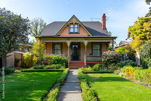 A charming Victorian-style home with a beautifully manicured garden in front