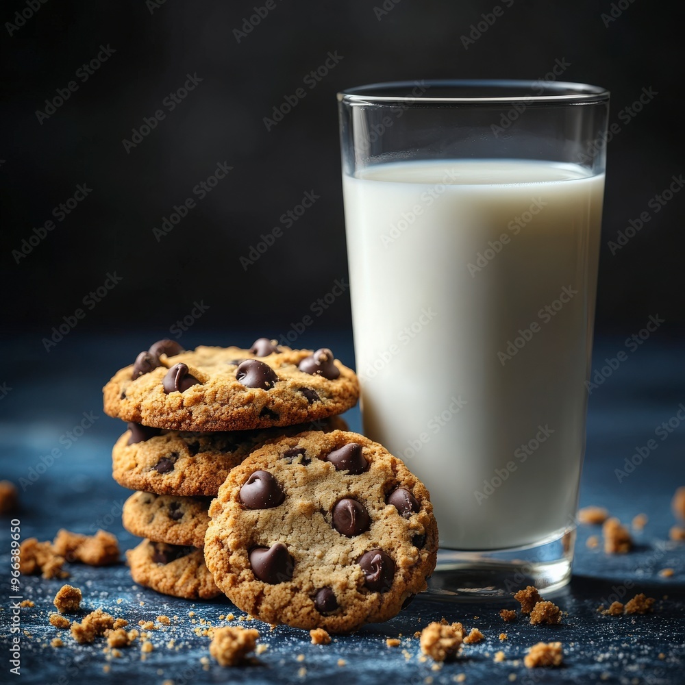Close-Up of Milk Glass and Stacked Cookies on Blue Surface Close-Up of Milk Glass and Stacked Cookies on Blue Surface