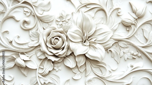 Elegant floral relief sculpture featuring roses and lilies with intricate detailing on a textured background