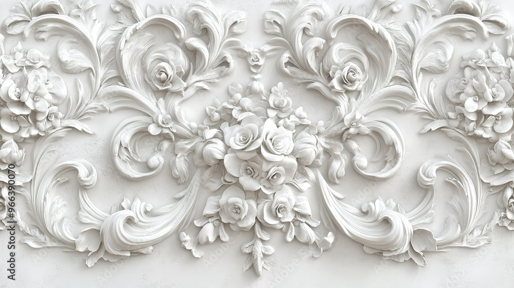 Intricate white plaster floral relief design showcasing elegant roses and swirling patterns on a textured wall surface Intricate white plaster floral relief design showcasing elegant roses and swirling patterns on a textured wall surface