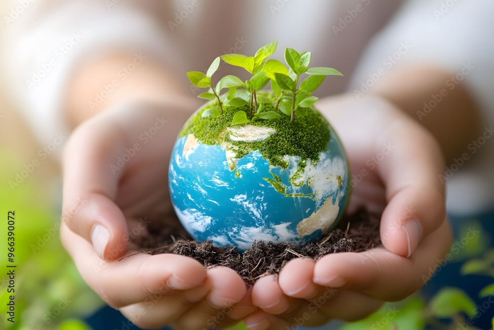 Hands holding a small globe with plants growing on it, symbolizing global environmental care Hands holding a small globe with plants growing on it, symbolizing global environmental care