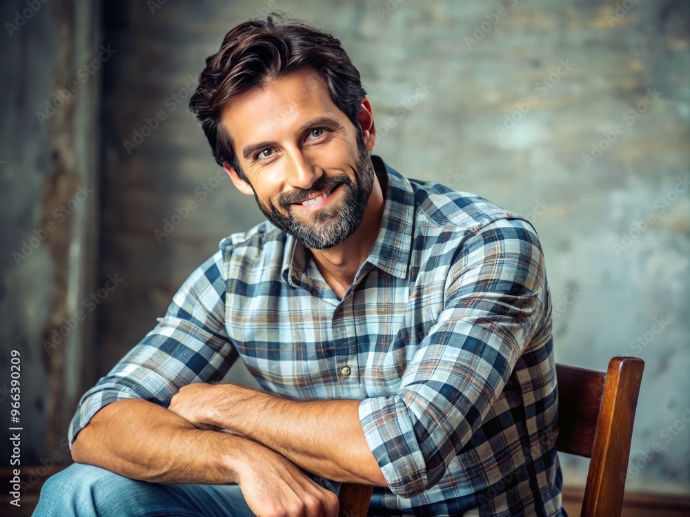 Obraz premium Attractive middle-aged man with dark hair and well-groomed beard, wearing a casual buttons-up shirt, sitting on a wooden chair, with a warm and inviting smile.