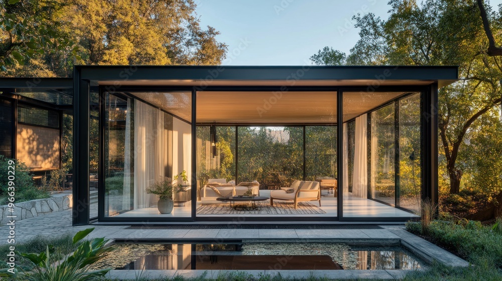 Fototapeta premium Modern glass house surrounded by nature, showcasing minimalist design.