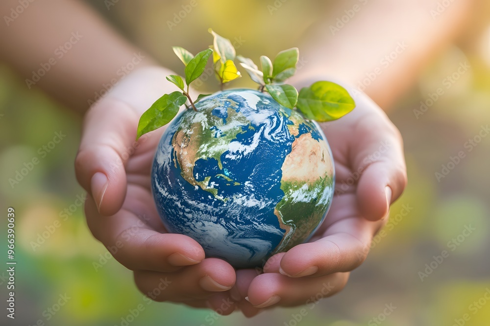 Hands holding a small globe with plants growing on it Hands holding a small globe with plants growing on it