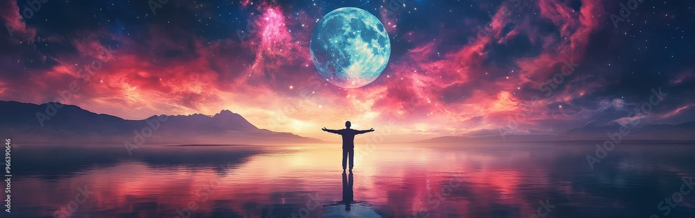 Meditation Silhouette Under Star-Filled Universe with Full Moon Meditation Silhouette Under Star-Filled Universe with Full Moon