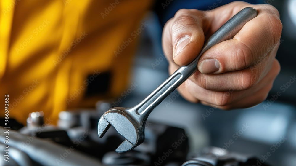 A person holding a wrench over an engine block, AI A person holding a wrench over an engine block, AI