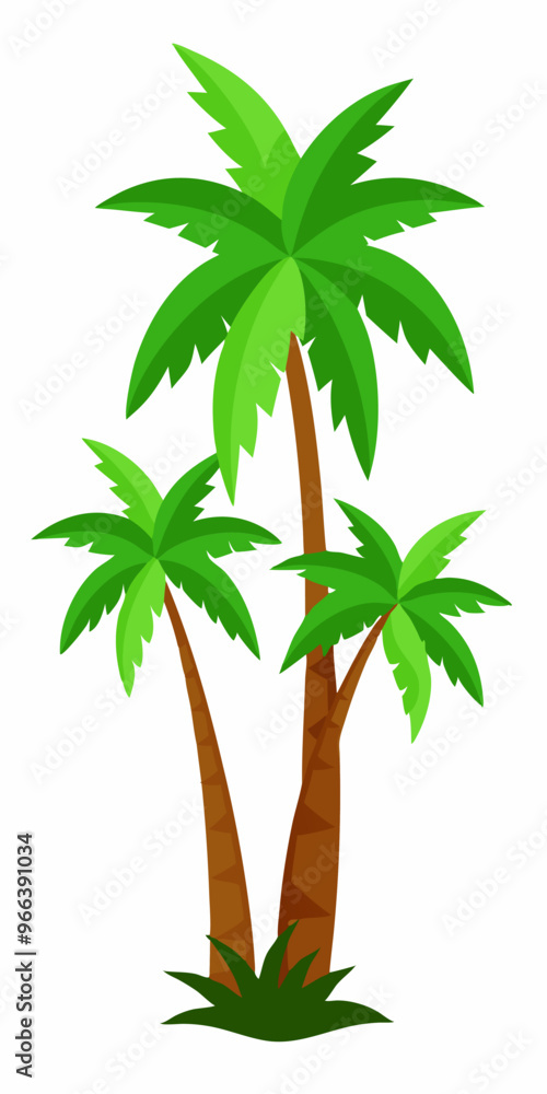 Obraz premium A vibrant illustration of three palm trees, perfect for adding a tropical touch to your designs. This graphic features lush green leaves and brown trunks, ideal for travel, vacation, or projects.