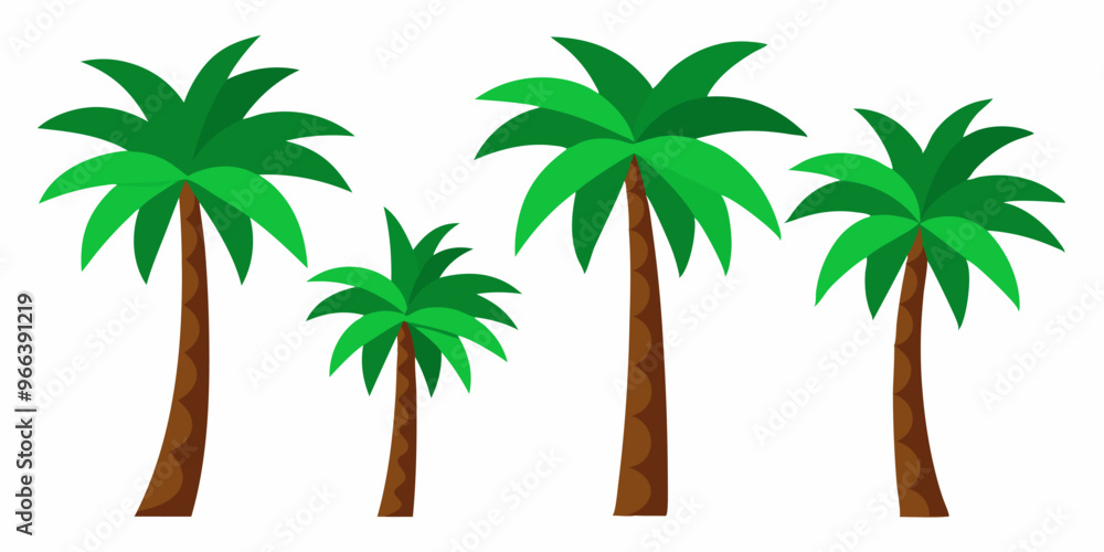 Fototapeta premium A set of four cartoon palm trees, perfect for adding a tropical touch to your designs. These playful and colorful trees are ideal for summer projects, beach-themed illustrations.
