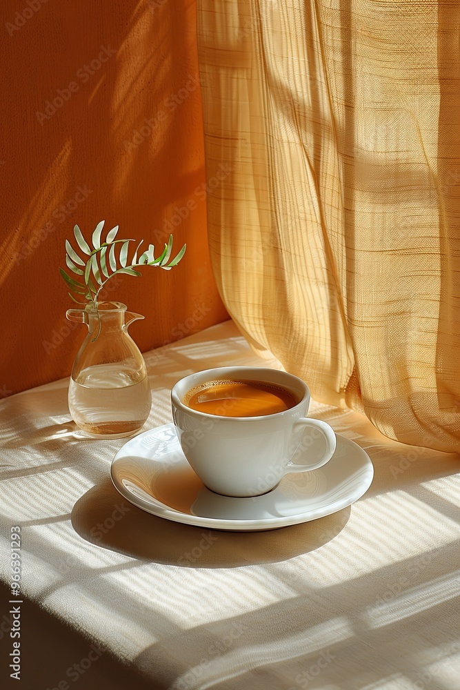 White coffee cup on a table with sunlight