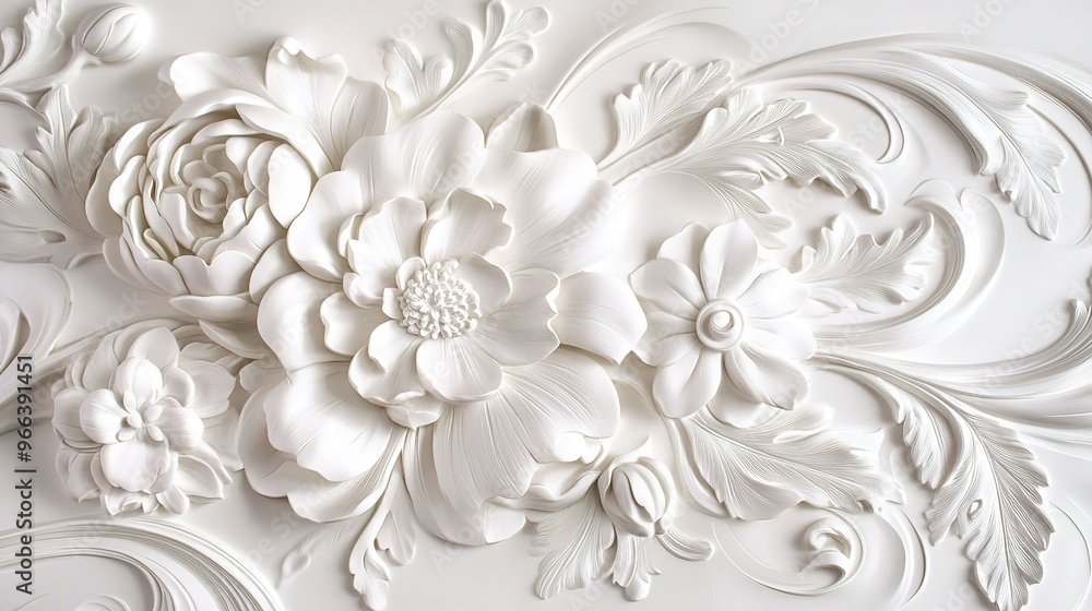 Intricate white floral relief sculpture showcasing detailed craftsmanship in a modern interior setting Intricate white floral relief sculpture showcasing detailed craftsmanship in a modern interior setting