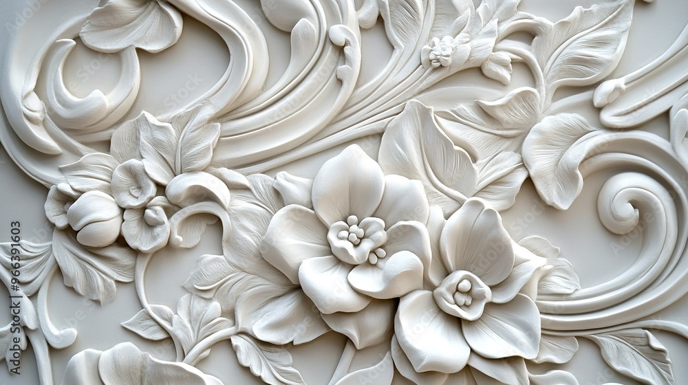 Intricate white floral relief design featuring delicate blossoms and swirling motifs on a textured surface Intricate white floral relief design featuring delicate blossoms and swirling motifs on a textured surface