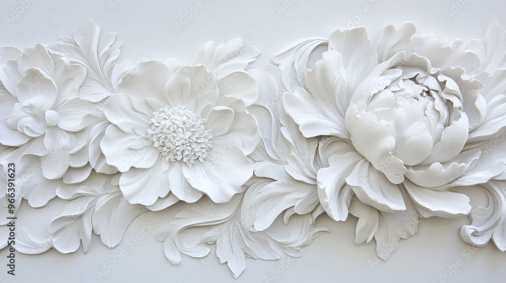 Intricate white floral relief sculpture featuring peonies and blossoms on a textured background in a tranquil setting Intricate white floral relief sculpture featuring peonies and blossoms on a textured background in a tranquil setting