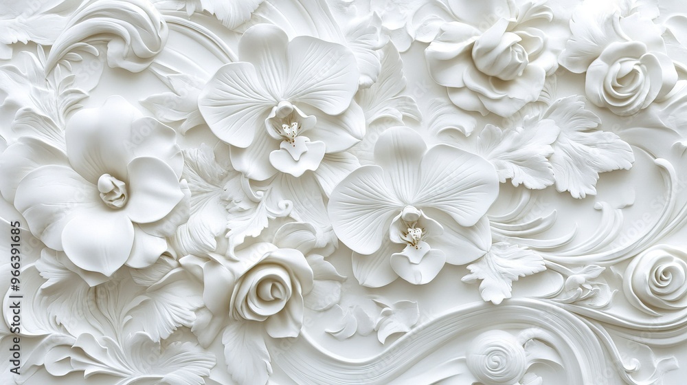 Elegant white floral relief artwork featuring orchids and roses with intricate detailing, perfect for interior decor Elegant white floral relief artwork featuring orchids and roses with intricate detailing, perfect for interior decor
