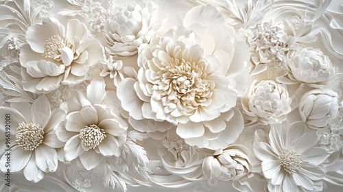 Elegant arrangement of white flowers displayed in a delicate, artistic style showcasing petals and textures in a soft light