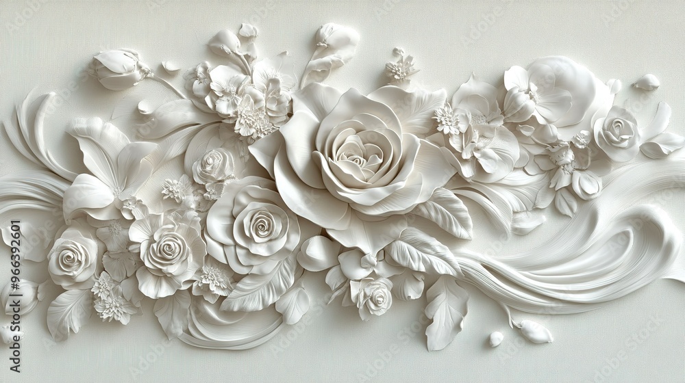 Elegant white floral relief art featuring intricate rose designs, natural elements, and detailed craftsmanship displayed in a modern setting Elegant white floral relief art featuring intricate rose designs, natural elements, and detailed craftsmanship displayed in a modern setting