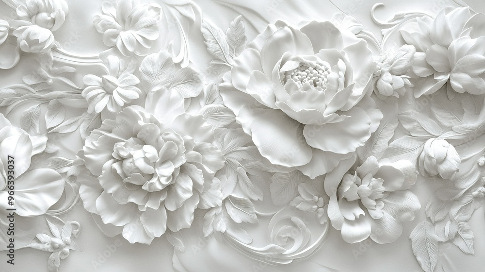 Delicate white floral relief sculpture showcasing intricate craftsmanship and artistry in a serene, minimalist design Delicate white floral relief sculpture showcasing intricate craftsmanship and artistry in a serene, minimalist design
