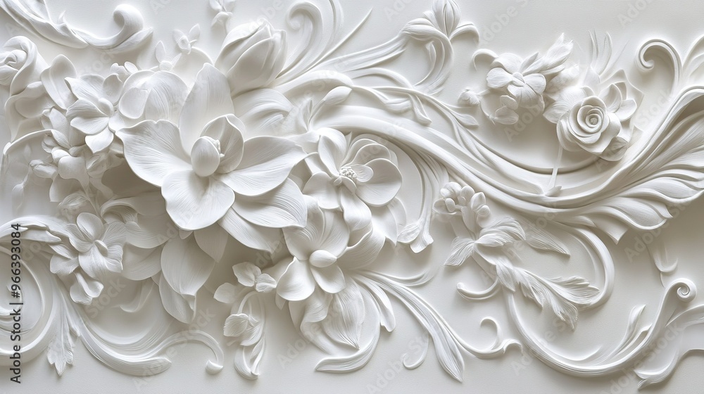 Elegant white floral relief design on a textured background showcasing intricate details and craftsmanship Elegant white floral relief design on a textured background showcasing intricate details and craftsmanship