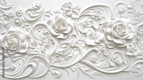 Intricate white floral relief decoration showcasing roses and blossoms in a stylish interior setting