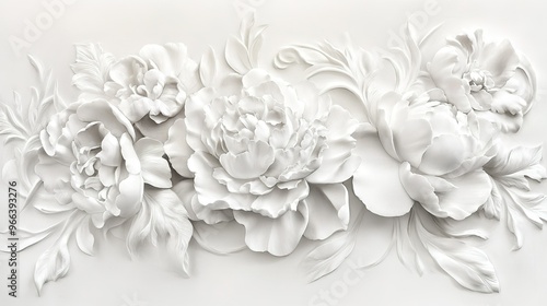 Elegant white floral relief art featuring peonies and intricate leaf designs in a detailed wall display