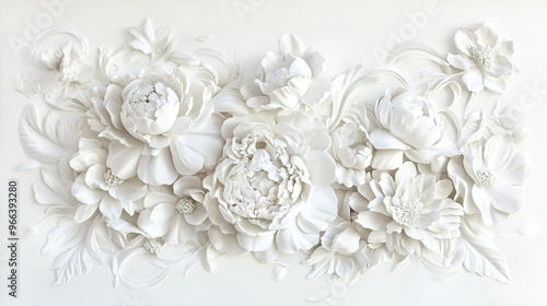 Elegant white floral wall art display featuring intricate peonies and blossoms in a serene, contemporary setting