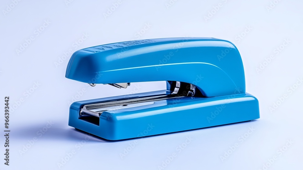 Blue office stapler isolated on a plain white background. The stapler is upright and facing the viewer. It is a standard-sized stapler, and it is blue in color. The stapler has a metal body Blue office stapler isolated on a plain white background. The stapler is upright and facing the viewer. It is a standard-sized stapler, and it is blue in color. The stapler has a metal body