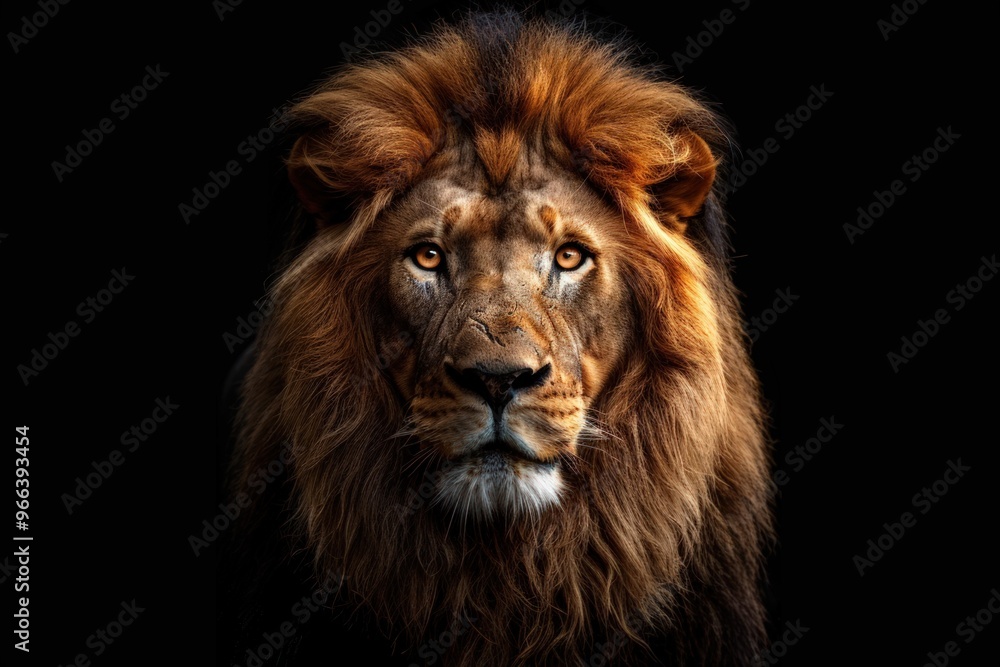 A majestic lion with a thick mane stares directly at the camera against a black background. A majestic lion with a thick mane stares directly at the camera against a black background.