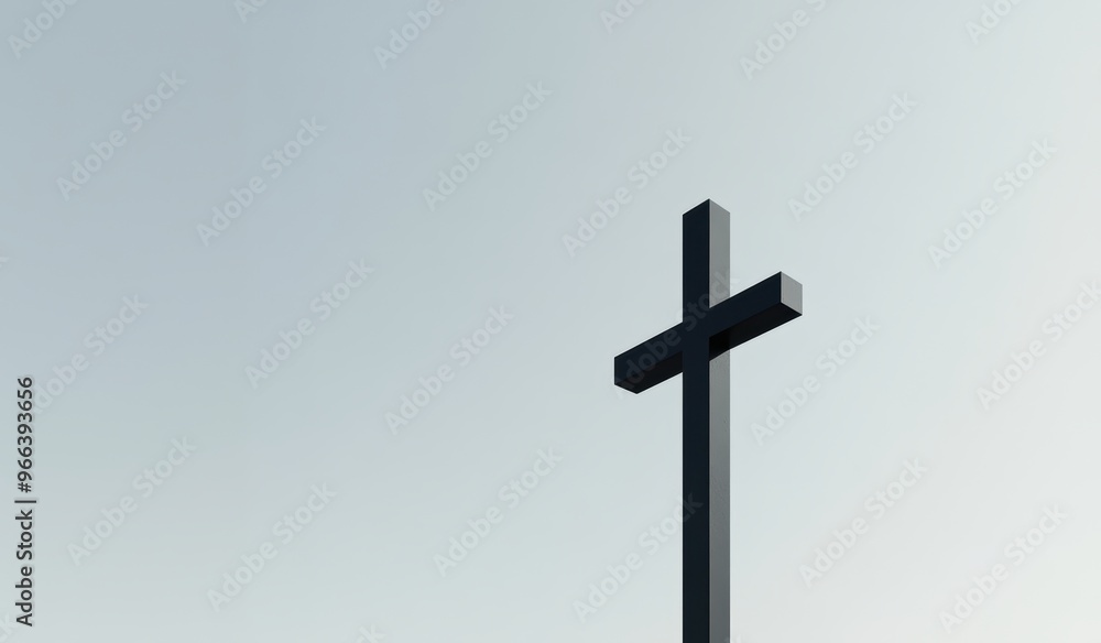 Minimalist Black Cross Against Clear Sky Symbolizing Faith and Simplicity with Ample Copy Space