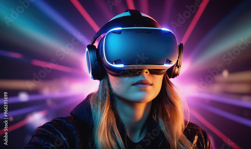 A woman wearing a VR headset stands in a brightly lit room, experiencing the immersive world of virtual reality