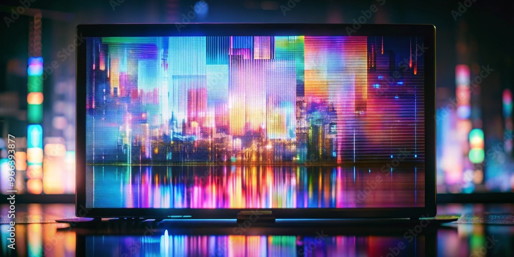 Fototapeta premium Digital Glitch Cityscape on Laptop Screen, Glitch Art, Cyberpunk, Pixel Art