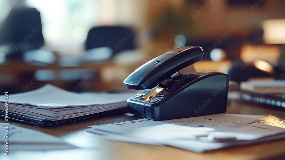 Classic black stapler and documents on a desk. Classic black stapler and documents on a desk.
